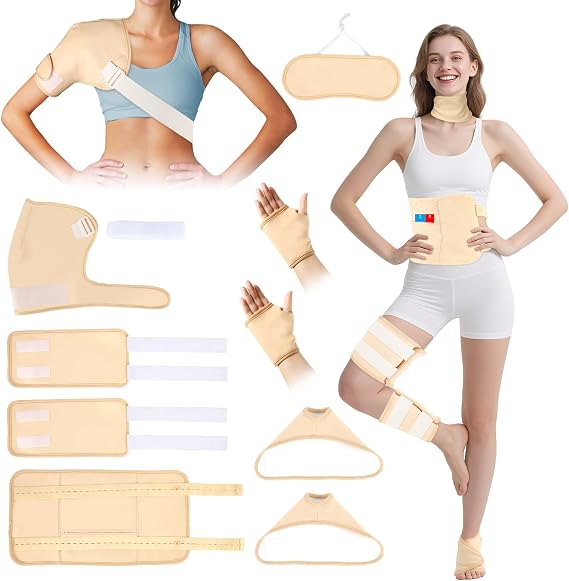 Castor Oil Pack Wrap, 9 Pcs Organic Castor Oil Packs Kit for Neck Shoulder Waist Back Hand Knee Leg and Feet, Castor Oil Patches Reusable Pads Kit for Hot/Cold Oil Wrap Compress for Woman/ManKhaki