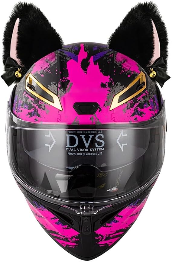 Motorcycle Full Face Helmets with Cat Ears DOT Approved Modular Dual Visor Flip up Motorcycle Helmets, Lightweight Design, Motorbike Crash Helmet for Adults Men and Women