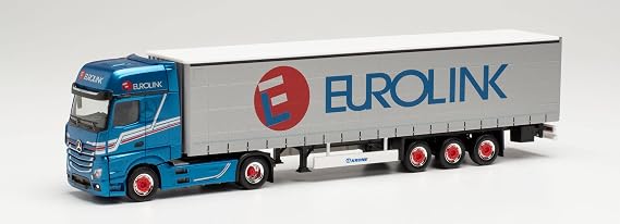 Herpa 314855 Mercedes-Benz Actros Gigaspace`18 Curtain Tarpaulin Semi-Trailer Model Car Miniature Models Small Model Collectible Detailed Multi-Coloured