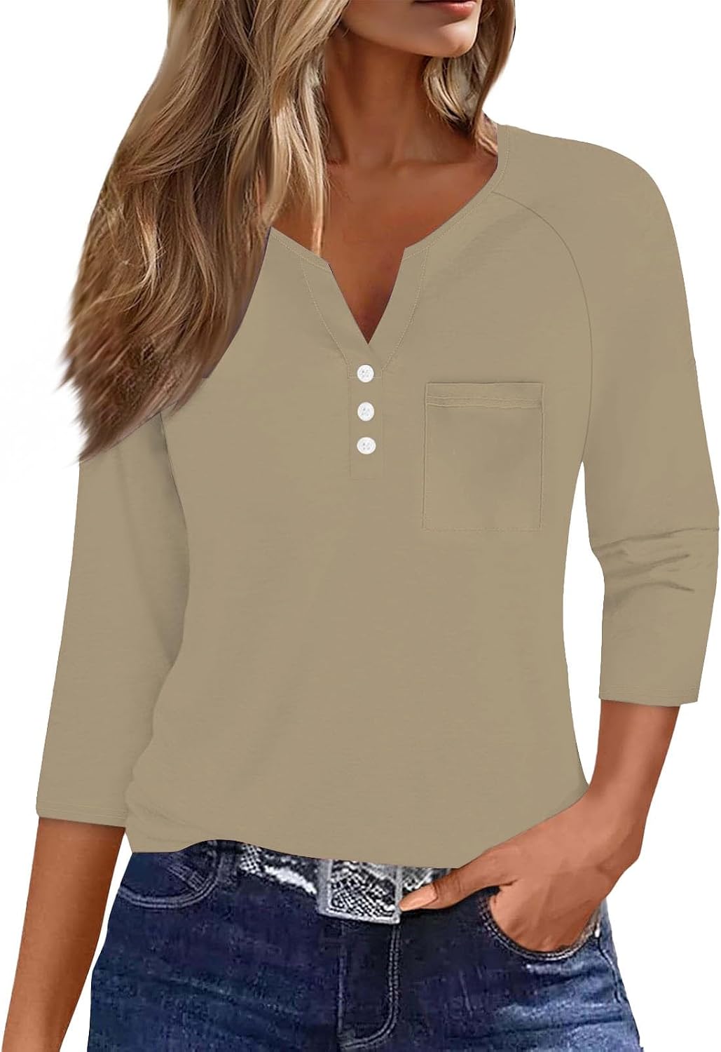 34 Sleeve T Shirts for Women Henley Loose Cute Summer Tops Layer Button Three Quarter Length Blouses with Pocket