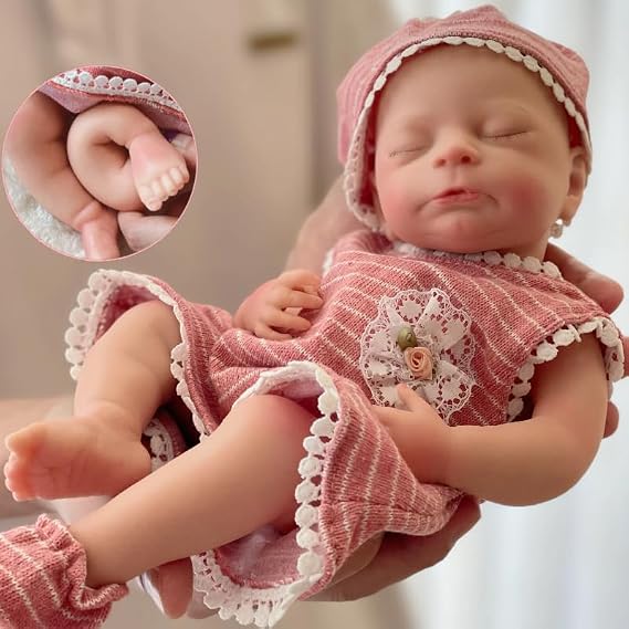 Lifelike Full Silicone Reborn Baby Dolls Timothy, 13 Inch Realistic Sleeping Closed Eyes Full Silicone Baby Doll, Advanced Painted Doll Toy Set for Kids Age 3