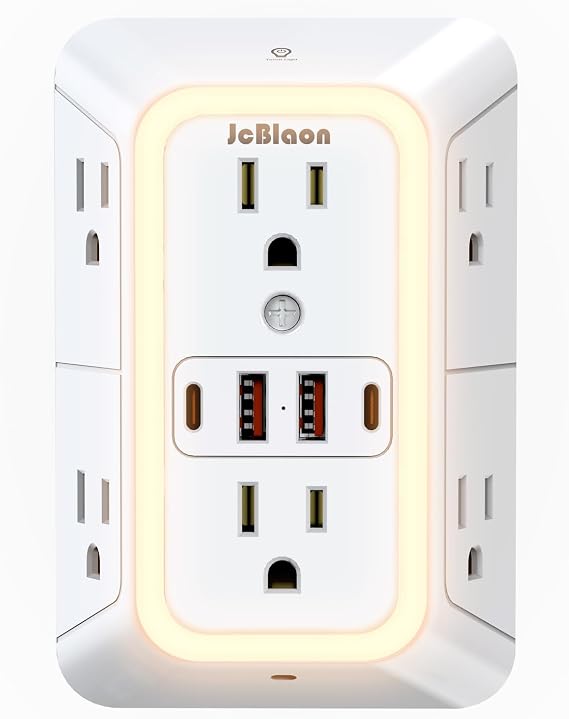 Wall Outlet Extender with Night Light, Power Plug Adapter 6 Outlet Extender with 4 USB Charging Ports 1050J Power Strip Multi Plug Adapter Spaced for Home Travel Office (2U2C)-ETL
