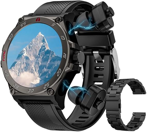 MIDDOW Military Smart watch with earbuds for Men,Round 1.53 HD Big Screen (Make/Answer Calls),Fitness Tracker with Sleep Monitor, 100+ Sports Modes,for iPhone & Android Phones, Black