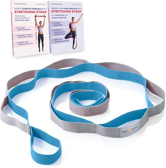 sport2people Stretching Strap for Yoga, Flexibility, Rehabilitation - 2 Free Exercise Ebooks - Get Flexible with 12-Loop Stretch Band for Rehab, Recommended by Physical Therapists and Trainers
