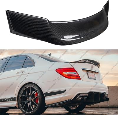 Real Carbon Fiber Rear Spoiler Compatible with 2008-2014 Mercedes Benz W204 C-Class, R Style Duckbill Fits for C180 C200 C250 C300 C350 C63 AMG 4-Door, High Kick Trunk Tail Deck Lid Wing Lip