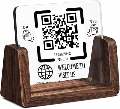 Wooden Stand with Clear Acrylic QR & NFC Sign for Storefront Easy and Fast Access to Social Media Page for Customers Perfect for Promoting Social Media Following - Applicable to Official Websites