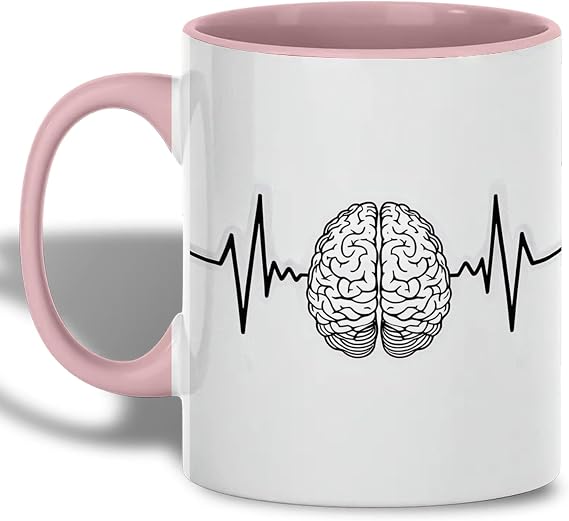 Brain Wave Mug, 11oz Coffee Cup with Heartbeat Line and Human Brain Graphic, Neuroscience Themed Ceramic Drinkware, Gift for Psychologists, Students, Thinkers