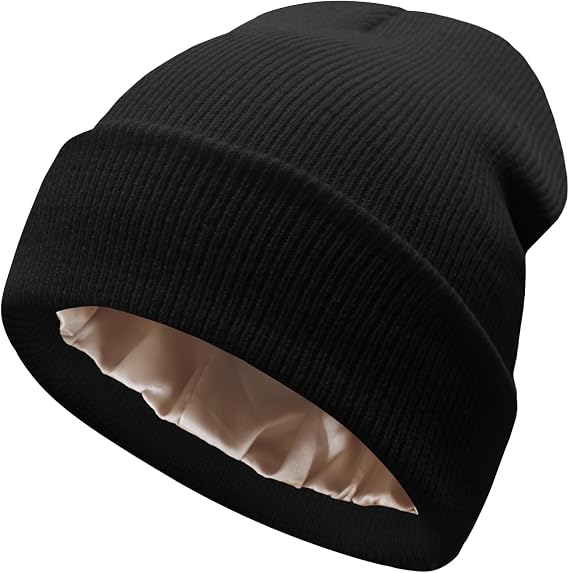 Satin Lined Beanie for Women Men Winter Lining Cuffed Knit Hats