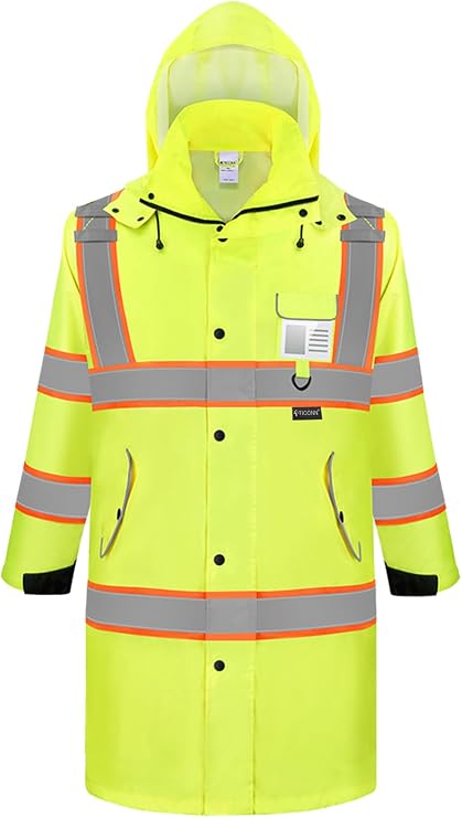 TICONN Reflective Rain Coat, Waterproof ANSI Class 3 Hi Vis Trench Coat | PU Coating Rain Jacket, 360 Reflective Strips, Adjustable Cuffs, Large Utility Pockets, Fits Men and Women