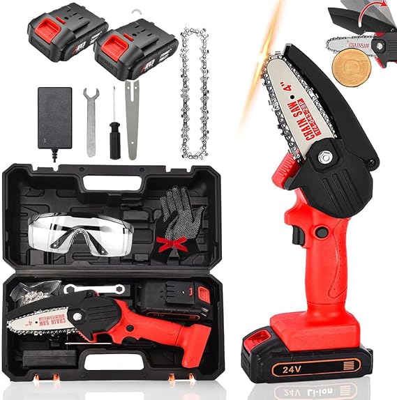 Mini Chainsaw Cordless 4 Inch, Upgraded Handheld Electric Chain Saw with 2 Batteries for Yard, Home And Garden, Wood Cutting, Tree Trimming,Red