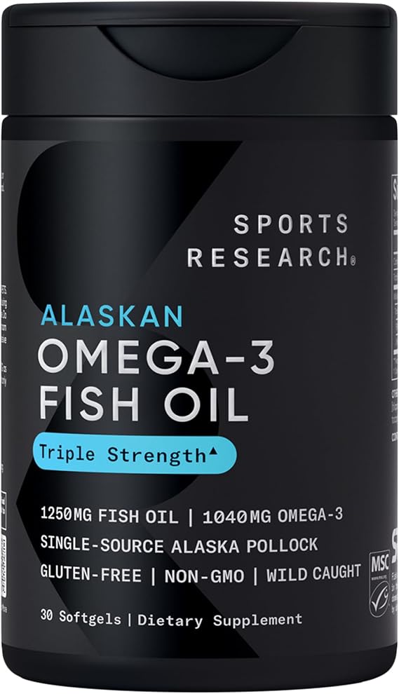 Sports Research Omega-3 Fish Oil 1250mg from Wild Alaska Pollock, 30 Count | Always Fresh Never Fishy | 690mg EPA 260mg DHA per Softgel Heart & Brain Health* MSC Certified Sustainable - 30 Servings