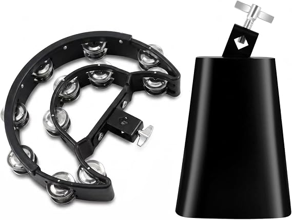 MOONBACK Tambourine and 6 Inch Cowbell Kit, Drum Set Tambourine with Mounting Eye Bolt, Black