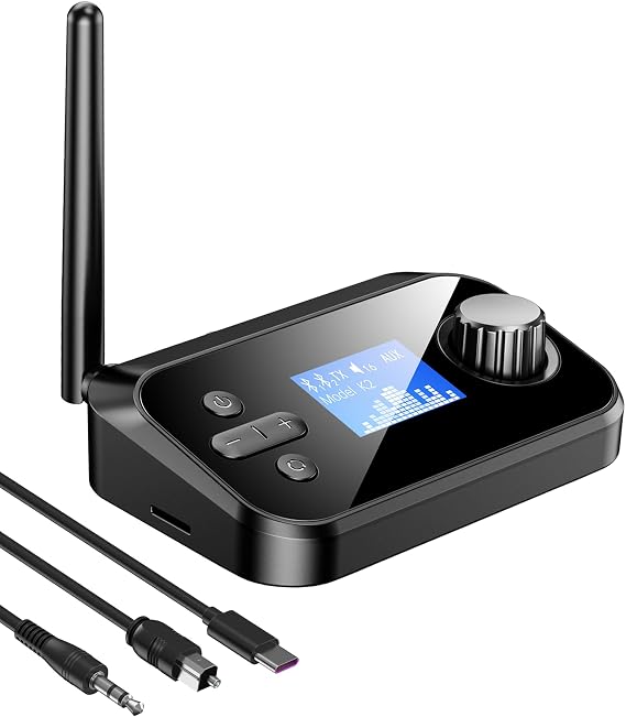 KAIY Bluetooth Transmitter for TV to Dual Headphones AUX Adapter | Bluetooth Adapter with LCD Display Adjustable Volume, Bluetooth Receiver for Home Stereo, Support 3.5mm/Optical/TF Card