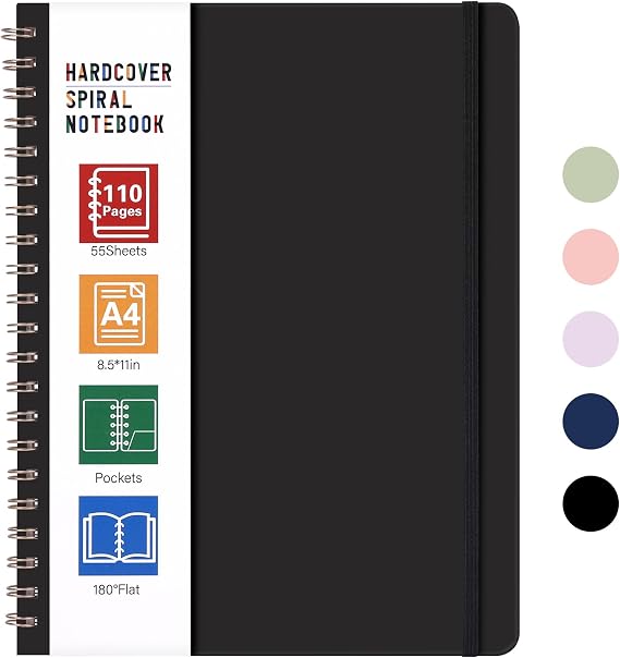 LABUK Spiral Notebook 8.5 x 11, A4 Large Notebooks for Women Men, 55 Sheets (110 Pages) College Ruled Hardcover Notebook for Work School Note Taking (Black)