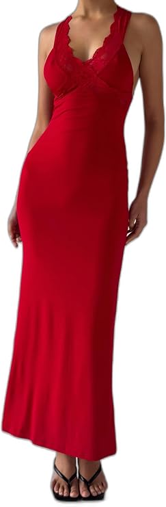 Tiger Mist Women's Seraphine Red Maxi Dress with Lace Detail and Cross-Back Straps - Red - XS