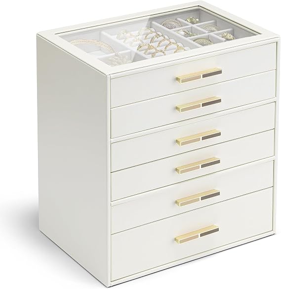 VLANDO 6-Drawer Jewelry Box with Glass Lid, Faux Leather Organizer for Rings Earrings Necklaces and More, Gift-Ready Jewelry Case for Women Girls or Moms, Beige