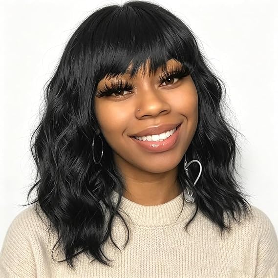 Black Wig with Bangs for Black Women,12 Inch Wavy Curly Bob Hair | Soft synthetic hair,Lightweight,Beginner friendly,Trimmable natural bangs,Adjustable,Easy daily wear,Cosplay,Halloween