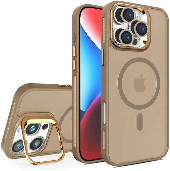 Babilden iPhone 16 Pro Max İçin Kılıf Kamera Korumalı Magsafe İle Uyumlu Kablosuz Şarj Özellikli Mat Şeffaf Standlı Renkli Lens Hediyeli Telefon Kılıfı (Titanyum Gold)