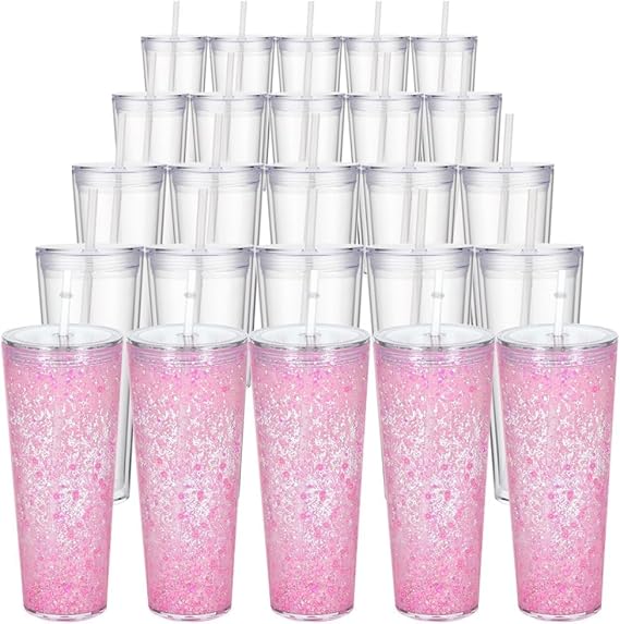 GGQ 24oz Snow Globe Tumbler 25 Pack, Pre-Drilled DIY Glitter Blank Cups