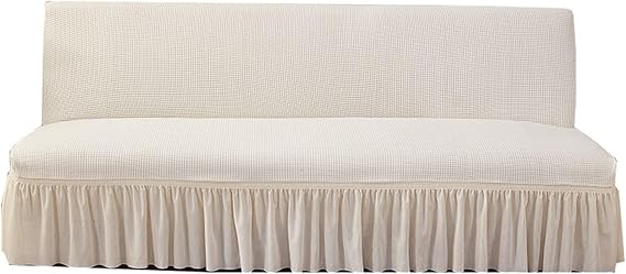 XJHKG Armless Sofa Bed Cover, Elastic Fitted Full Folding Futon Slipcover with Skirt(Color:White,Size:Medium)