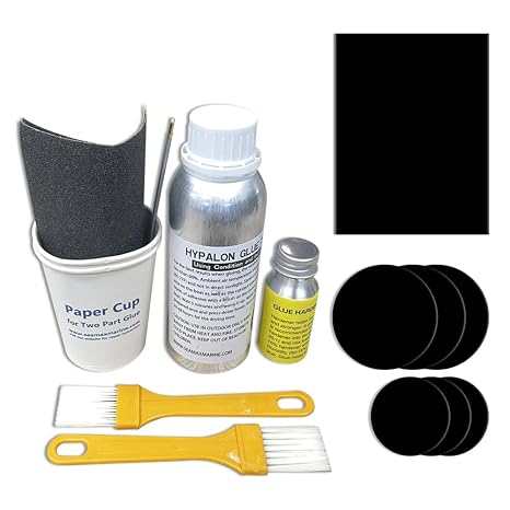 Professional Grade 2 Part Hypalon Marine Adhesive Kit (280g) with Black Patch Material, Marine-Grade with Application Tools Good for All Inflatable Boats, Rafts, Dinghies, Kayaks, SUPs