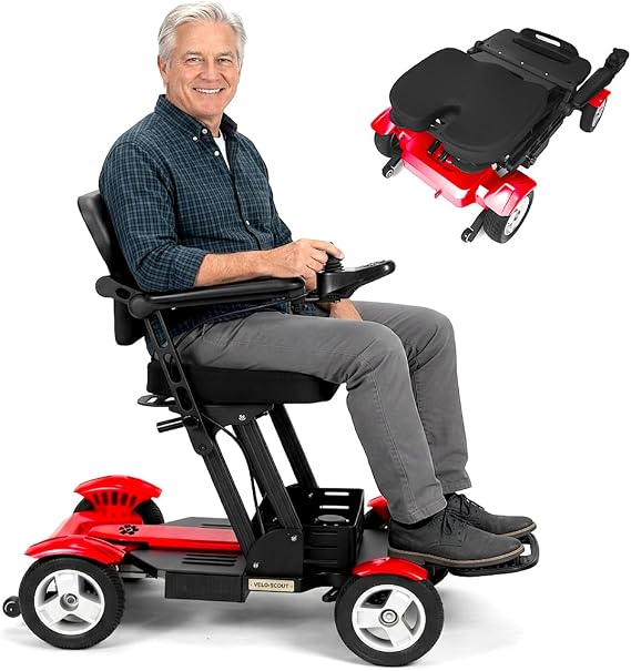 Titan Foldable Portable Mobility Travel Scooter with Orthopedic Seat, Flat-Free 4 Wheels Ride on All Surfaces, Reliable Battery 15 Miles Range Double Motors, Complies with TSA FAA for Airplanes