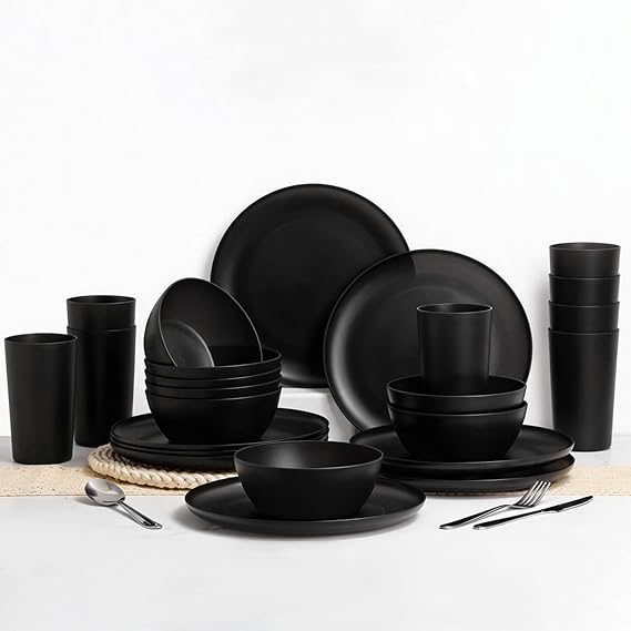 24pcs Dinnerware Sets,Plates and Bowls Sets,Dishes Set for 8,Unbreakable Modern Dish Sets,Reusable Dinning Set,Dishware Sets for Kitchen,Party or Picnic, Dishwasher Safe,Black,BPA free