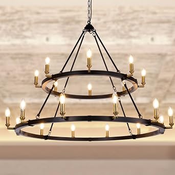 TOCHIC Black Gold Chandelier Light Fixture, Farmhouse Dining Room 20-Light Large Round Wagon Wheel Chandelier for High Ceiling Living Room, Kitchen Island, Foyer, Modern Lighting W48 Adjustable Base