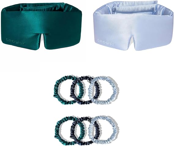 Drowsy Hers & Hers Gift Set - 2 Luxury Silk Sleep Masks & 6 Silk Scrunchies - Green Sapphire & Blue Belle