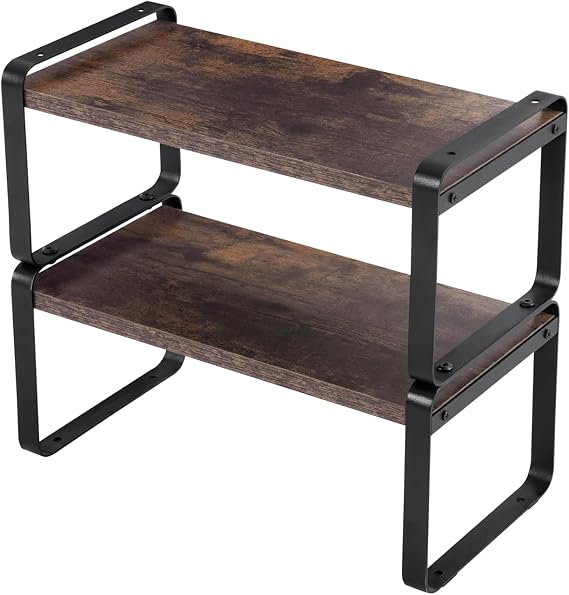 2-Tier Storage Shelves, Adjustable Small Shelving Unit with Metal Frame, Rustic Wood Storage Rack for Kitchen, Bathroom, Office, Basement