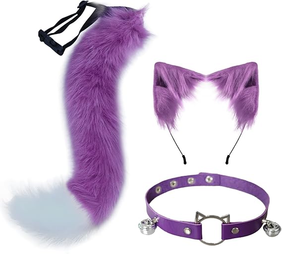 QinRuan Cat Ears and Wolf Fox Animal Tail Cosplay Costume Faux Fur Hair Clip Headdress Halloween Leather Neck Chocker Set