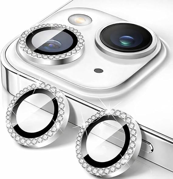 Coverzone İPhone 13/13 Mini İle Uyumlu Yüksek Kalite Parlak Elmas Desenli Taşlı Gümüş Özel Tasarım Kamera Lens Koruyucu İDB-91