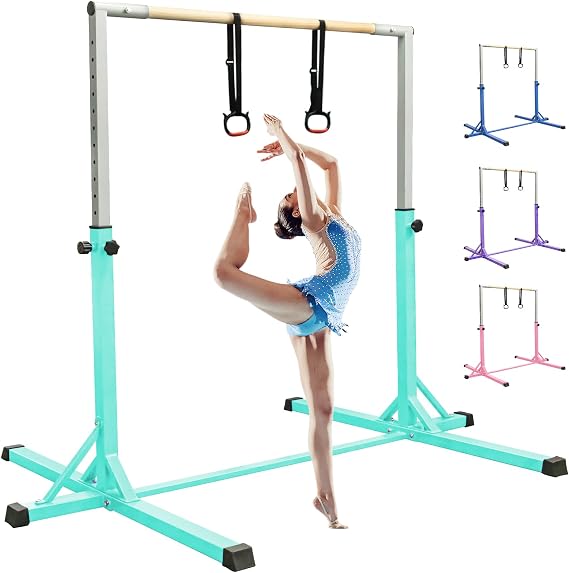 FBSPORT Gymnastics Bar Horizontal Bar with Gymnastic Rings for Kid 13 Height Adjustable, Junior Training Kip Bar Gymnastics Training Equipment for Home Gym Indoor Garden Outdoor