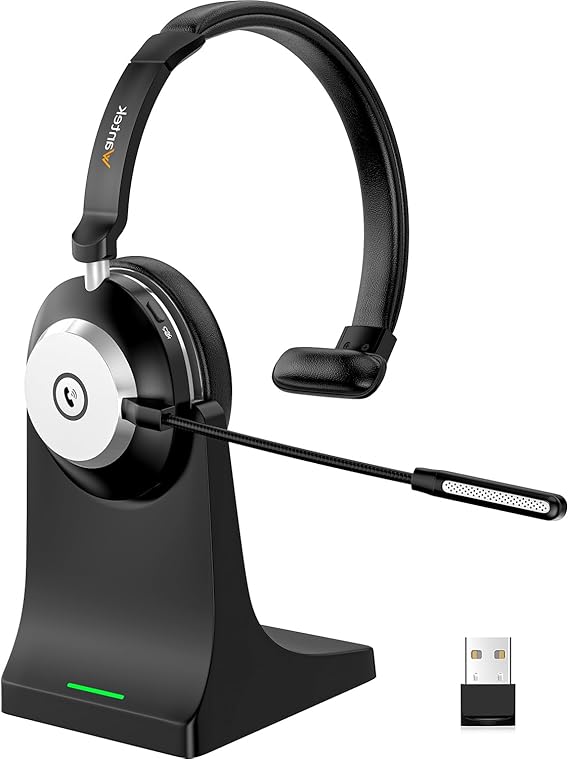 Wantek Bluetooth Headset, Wireless Headset with Microphone for PC, V5.2 Computer Headset with Noise Cancelling Mic, USB Dongle, Charging Base & Mute Button for Work, Cell Phones, Computer