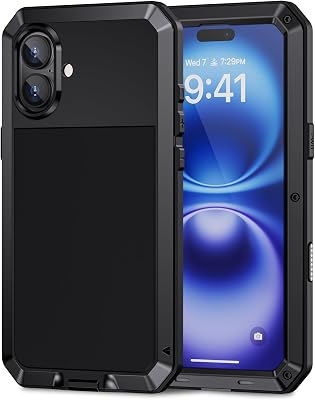 Lanhiem for iPhone 16 Case, Metal Heavy Duty Shockproof Tough Rugged Case with Built-in Glass Screen Protector, 360 Full Body DustProof Strong Protective Phone Cover for iPhone 16 6.1, Black