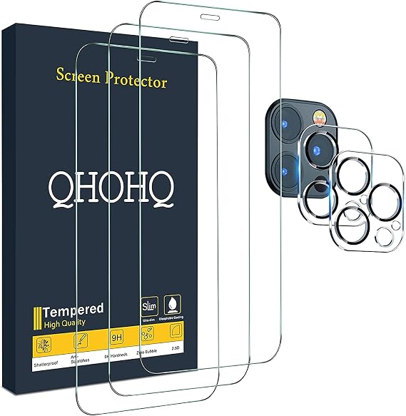 QHOHQ 3 Pack Screen Protector for iPhone 12 Pro Max 6.7" with 2 Pack Tempered Glass Camera Lens Protector, Ultra HD, 9H Hardness, Scratch Resistant, Easy Install - Case Friendly