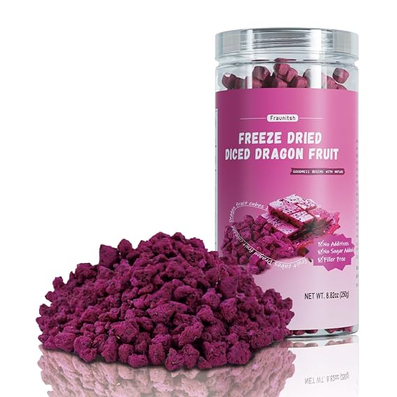 Fraunitsh Freeze-Dried Dragon Fruit, 8.11oz, Natural Pink Pitaya Dragon Fruit Cubes Snack, No Sugar Added, Dragonfruit Bits for Smoothie Bowls, Yogurt Toppings, Desserts & Healthy Eating