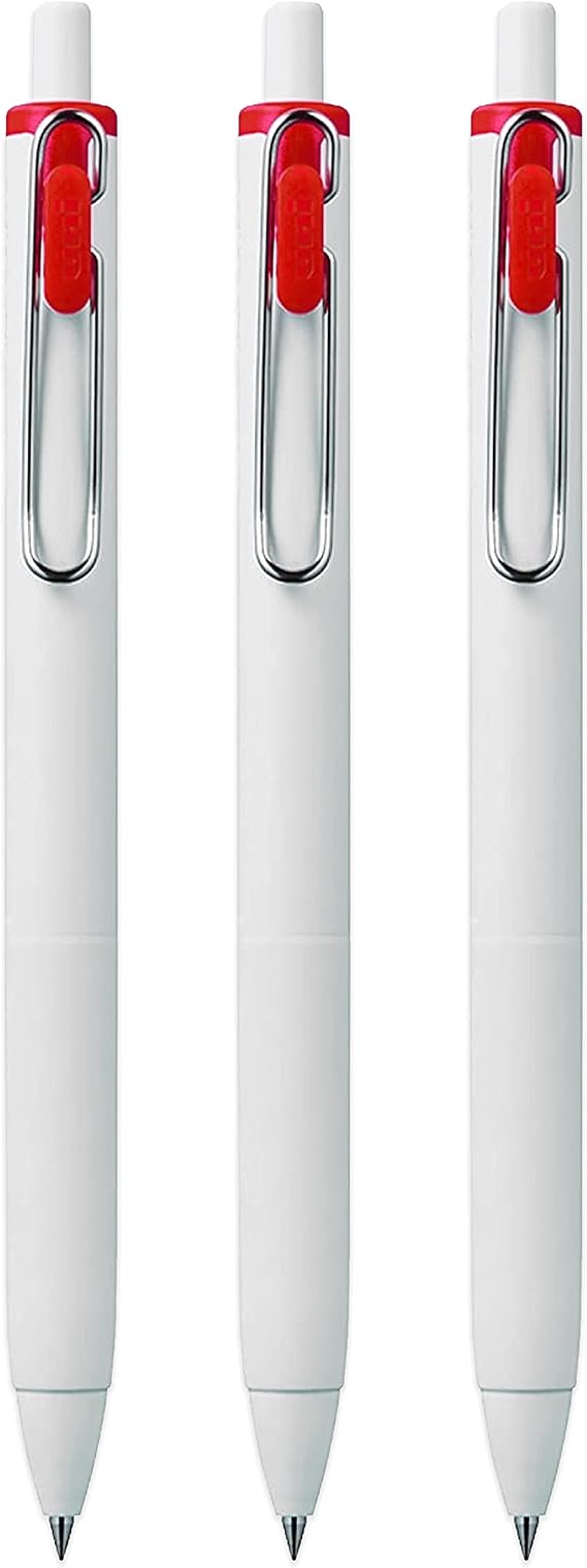 uni-ball UMN-S-05 Retractable Gel Ink Rollerball Pens - 0.5mm Tip Nib - White Barrel - Red Ink - Pack of 3