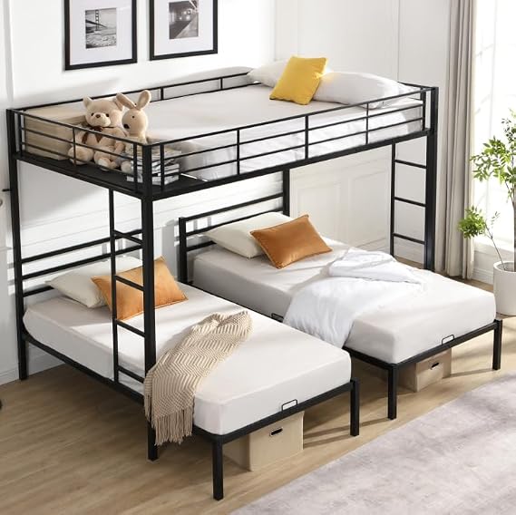 Bellemave Full Over Twin Over Twin Triple bunk Bed with Drawers 3 bunk Bed, Triple bunk beds for Kids, Teens, Adult.(Black)