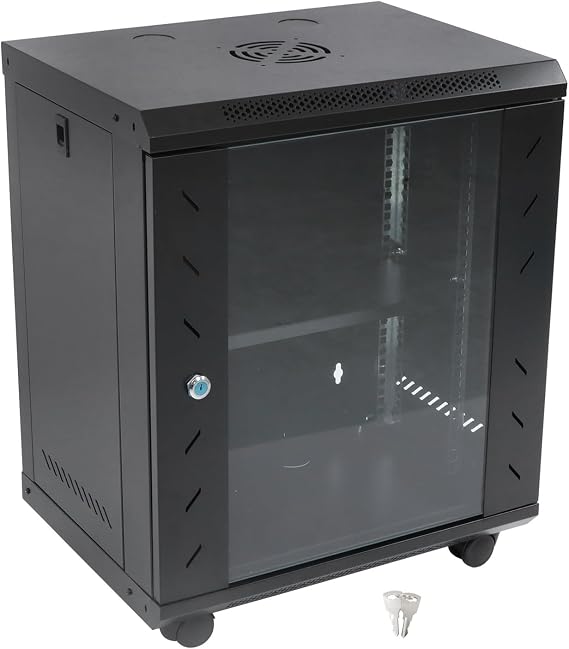 findmall 12U Wall Mount Server Rack Cabinet - 15.5" Deep, Locking Glass Door Network Enclosure for IT Equipment, Data Switches, with Ventilation and Adjustable Rails