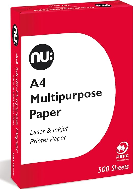 nu: A4 Multi-Purpose Printer Paper | White | 500 Sheets | Smooth Surface | Suitable for Inkjet, Laser & Copier Use | Ideal for Home & Office