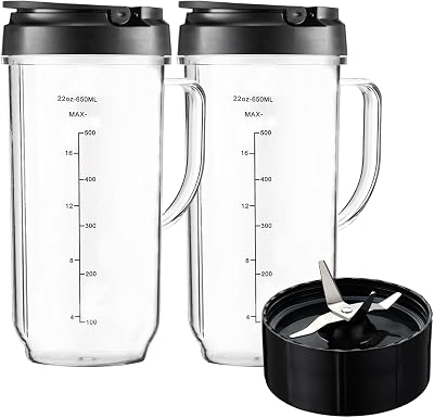 Blender Replacement Cups for Magic Bullet 250W MB1001 MBR-0701AK, Tall 22oz Cup Flip-Top Lid with Measured Markings & Cross Blade, Blender Replacement Parts, Mug with Handle for Magic Bullet 250w