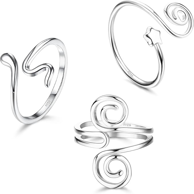 Florideco 3Pcs S925 Sterling Silver Toe Rings for Women Adjustable | Open Toe Rings, Comfort-Fit Waterproof African Toe Ring, Classic Finger Foot Jewelry Set