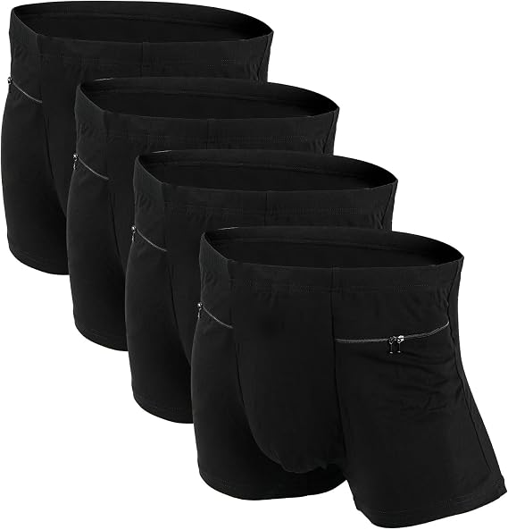 LUEXBOX Pocket Underwear for Men with Secret Hidden Pocket, Travel Boxer Briefs, 4 Packs (Black)