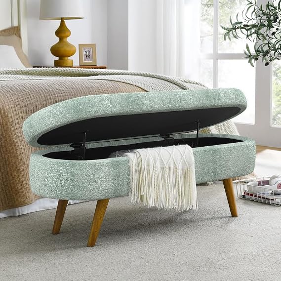 43.5" Fabric Storage Ottoman Bench for Bedroom,Upholstered Boucle Ottoman with Safety Hinge,End of Bed Bench with Rubber Wood Legs for Living Room Entryway,Cyan