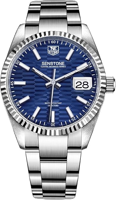 senstone Watches for Men, Luxury Classic Business Dress Quartz Watch Stainless Steel Strap Analog Waterproof with Luminous Large Dial Calendar