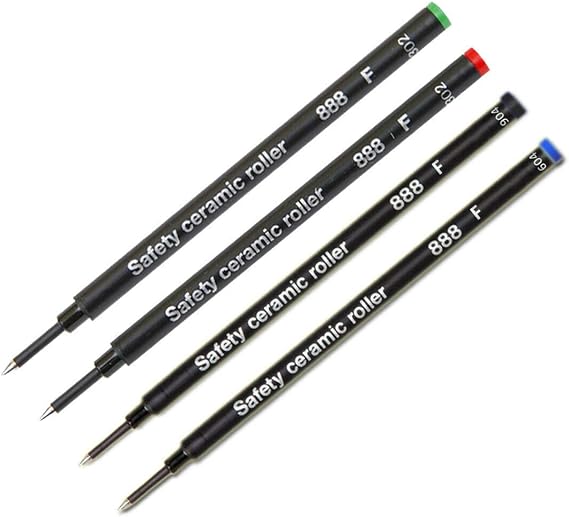Pack of 4 - Schmidt 888 F Safety Ceramic Rollerball Refill Green/Red/Black/Blue Fine Tip