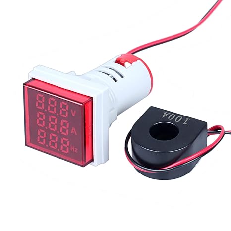 Amp Voltage Hertz Meters, Digital 3-in-1 22mm Square Multifunction Indicator Ammeter Voltmeter Hz Current LED Meter Tester Signal Lights AC60-500V 0-100A 20-75Hz(Red)