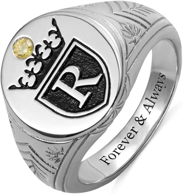 Getname Necklace Initial Signet Ring Sterling Silver King Crown Monogram Ring - Custom Engraved Alphabet Rings for Man - Personalized Mens Signet Ring Silver Gold