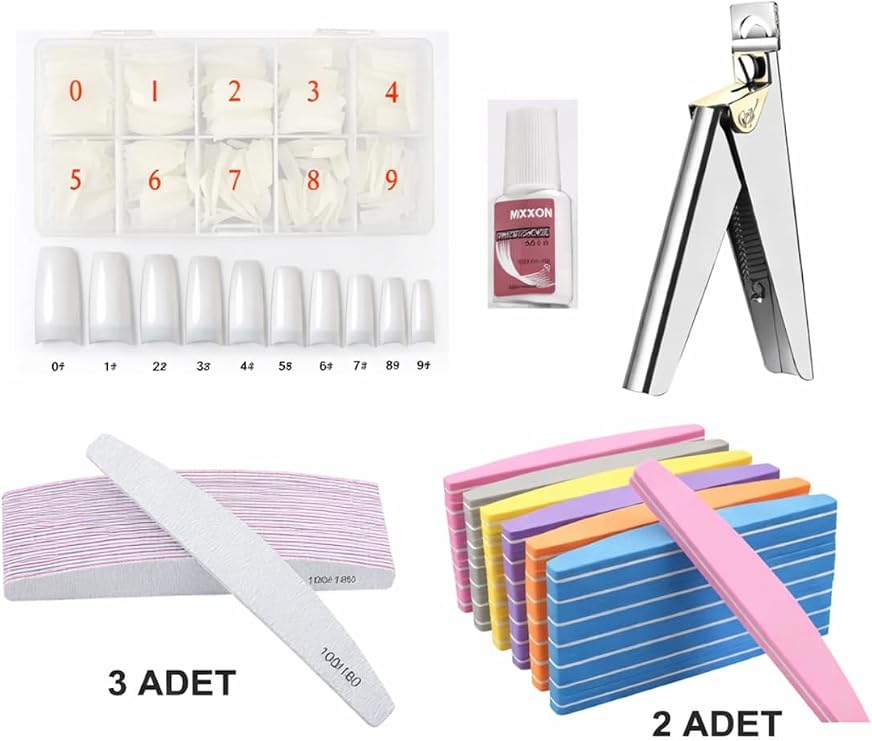 Fontenay Protez Tırnak Seti – 500’Lü Kemik Tips+Metal Tips Makası+Tips Yapıştırıcı+Törpü & Buffer Seti Çok Renkli